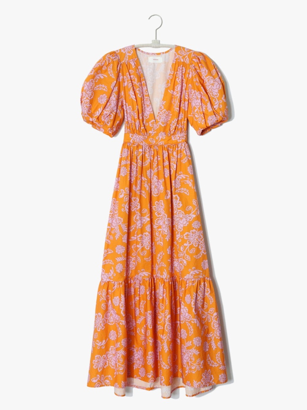 Women's Orange Floral Maxi Dress with Puff Sleeves